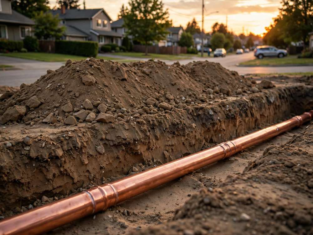New copper water line in a trench at sunset in Ephrata, after a completed replacement