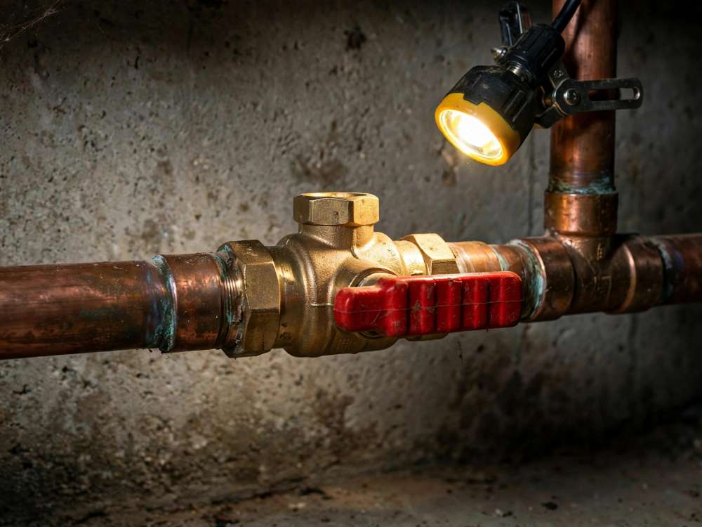 Main shut-off ball valve on a copper pipe inside a basement in Ephrata