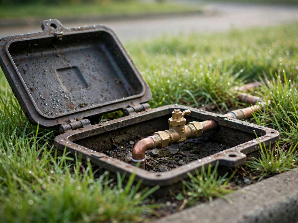 Open water meter box at the curb in Ephrata showing the brass valve and copper service line