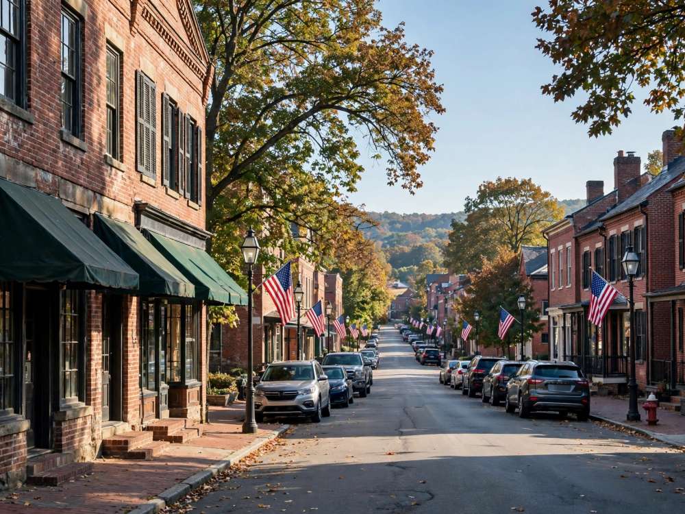 Historic brick storefronts and homes along Main Street in Ephrata, Pennsylvania