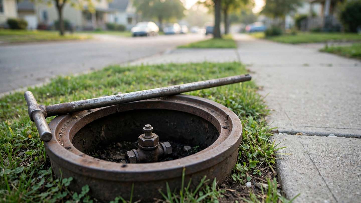 Curb stop box with its lid open at a sidewalk edge in Ephrata, with a shut-off key beside it