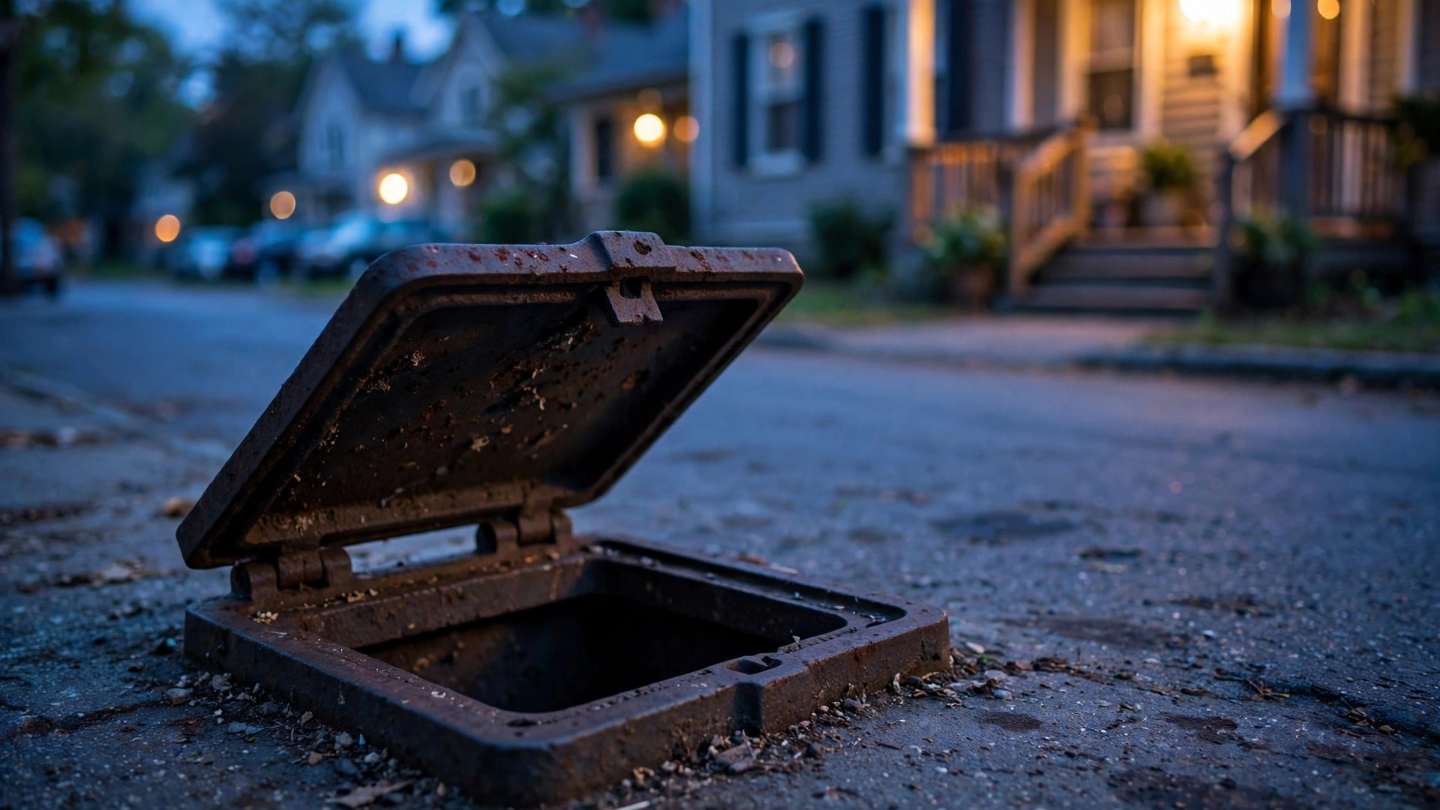 Curb stop box lid half open at dusk in Ephrata