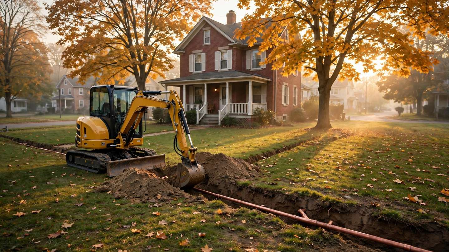 Excavator digging a narrow trench for a new water service line in a front yard in Ephrata, with a brick home behind