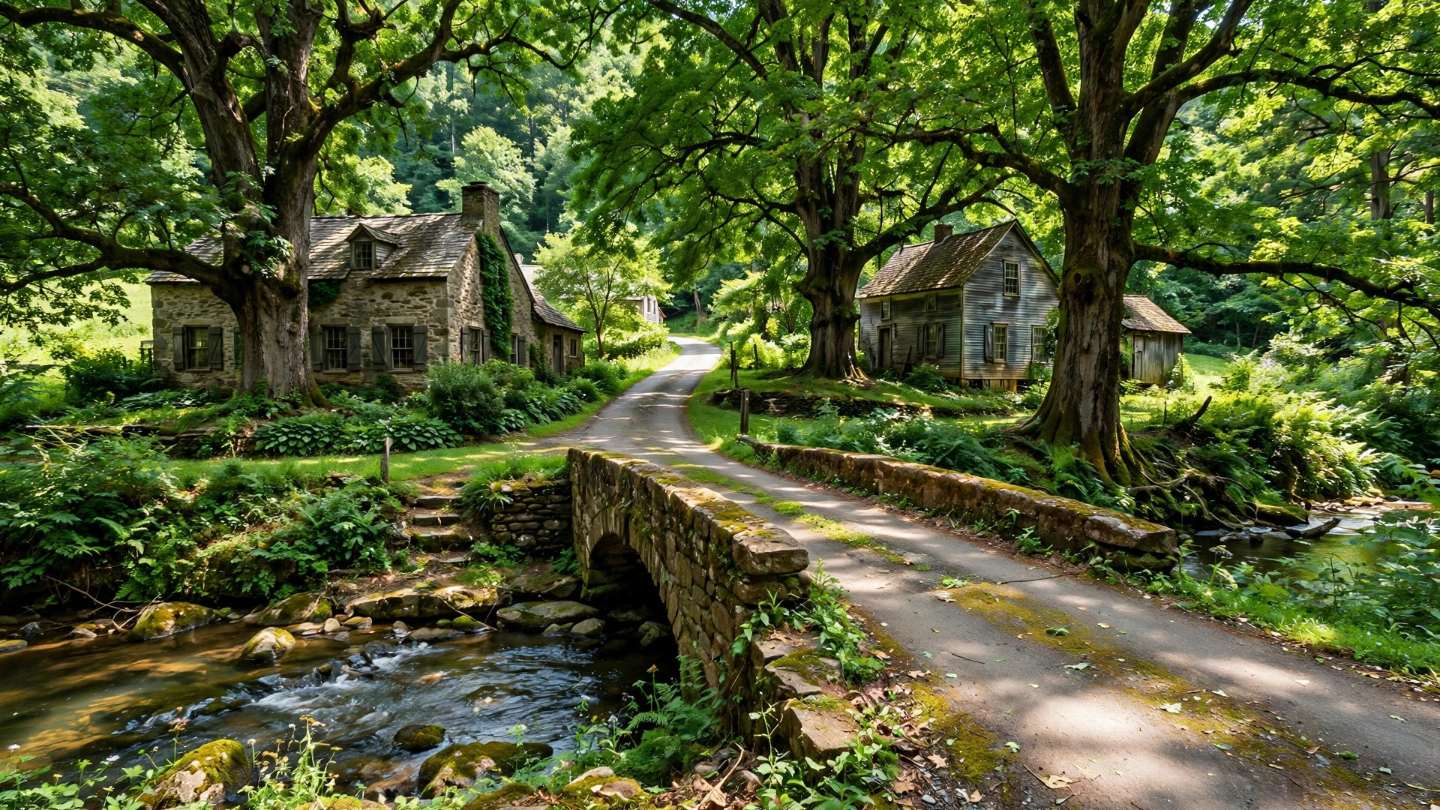 Village homes near a creek with mature trees in Hopeland, in the Ephrata area