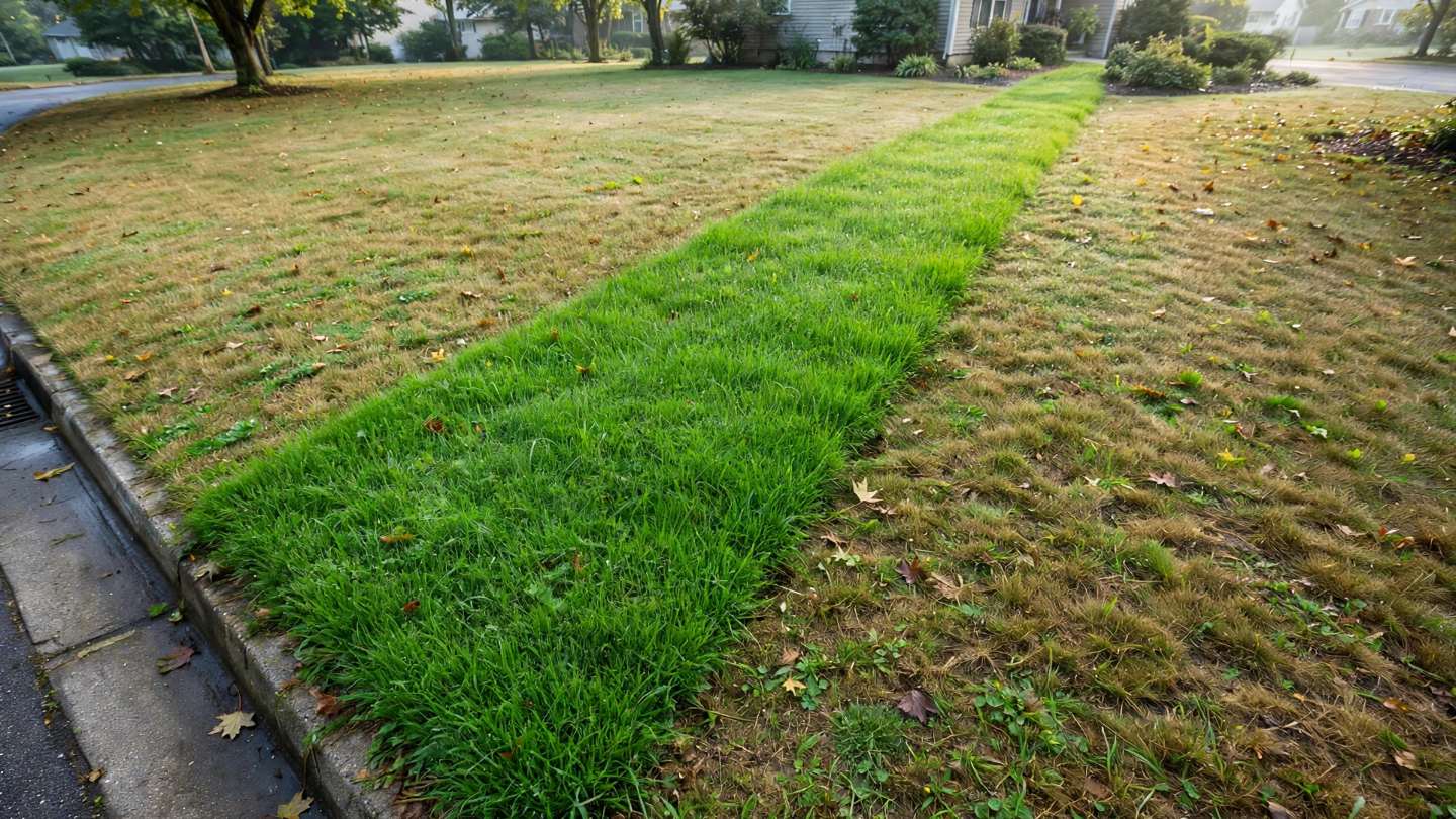 Unusually green strip of lawn tracing a buried water line leak in a yard in Ephrata