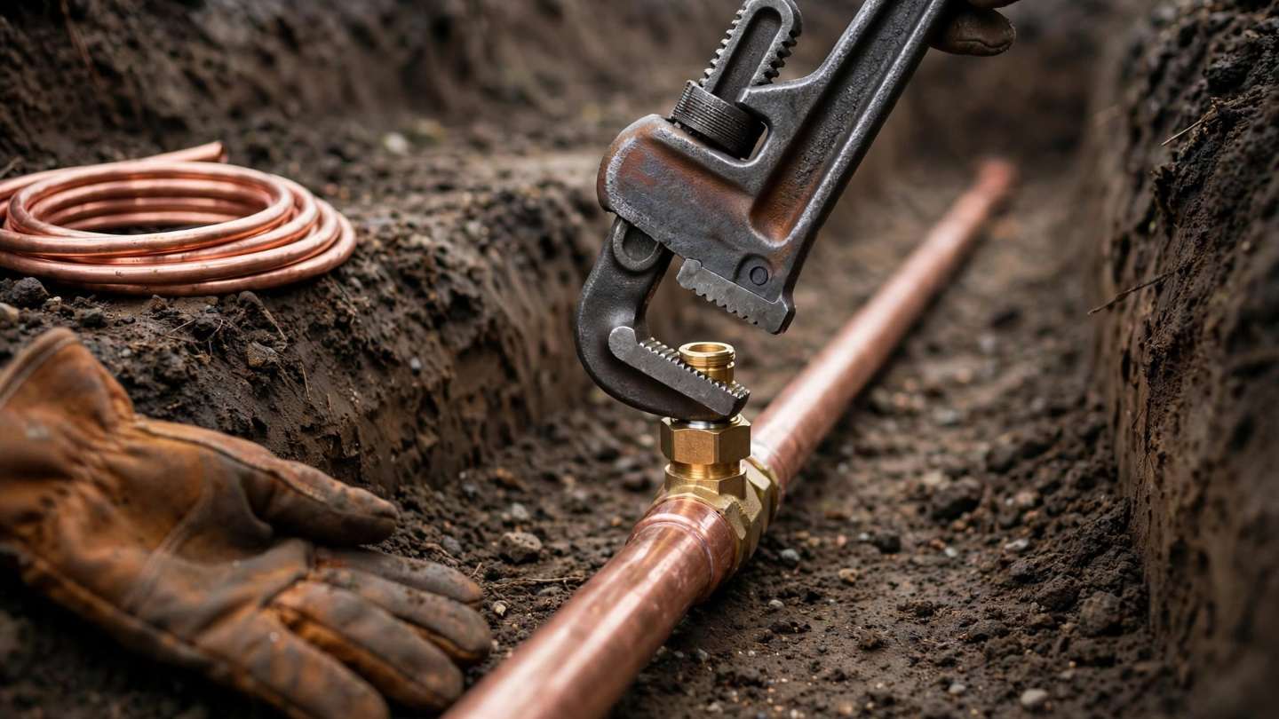 Pipe wrench tightening a brass fitting on a new copper water service line in an open trench in Ephrata