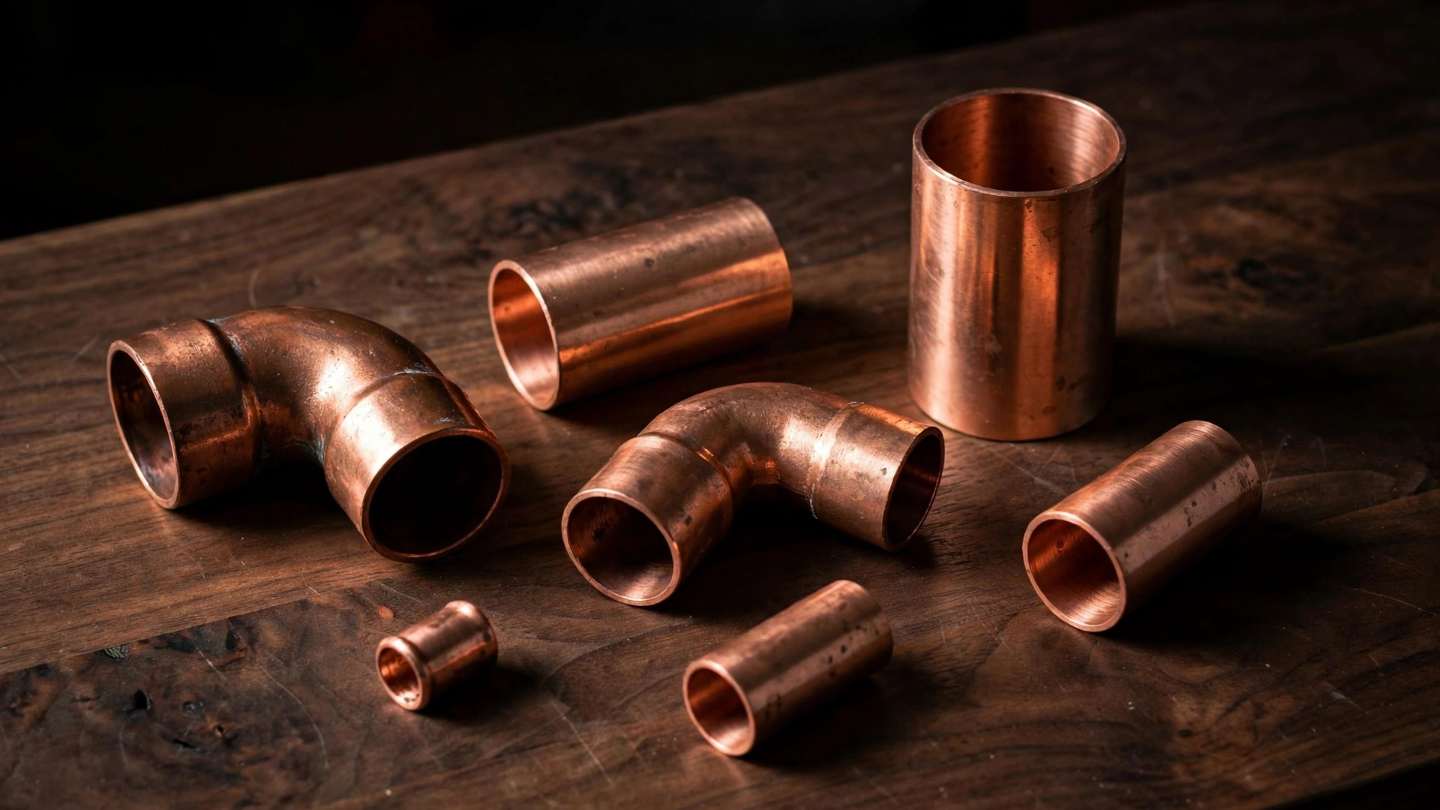 Copper pipe fittings arranged on dark wood in Ephrata