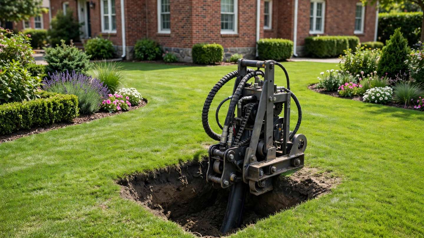 Trenchless pipe pulling equipment feeding a new water line into a small pit on a lawn in Ephrata